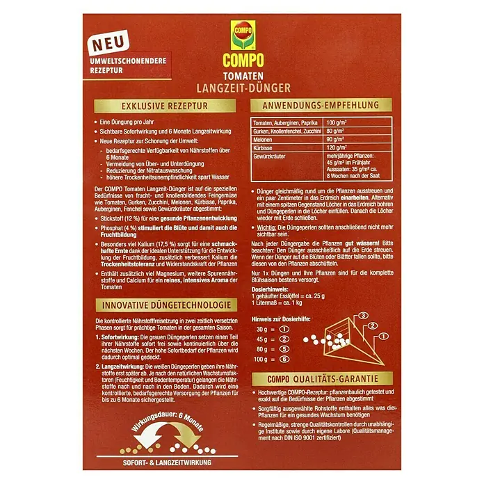 Compo Langzeitdünger Tomaten - 850 g - COMPO Tomaten Langzeit-Dünger: Exklusive Rezeptur für üppige Tomatenerträge mit Sofort- und Langzeitwirkung für bis zu 6 Monate.