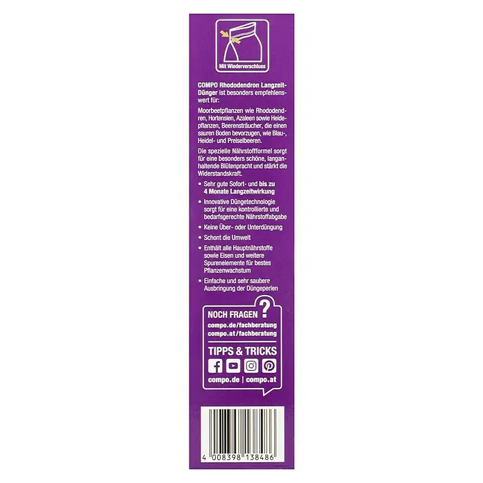 Compo Langzeitdünger Rhododendron - 850 g - Detailaufnahme der COMPO Rhododendron Langzeit-Dünger Verpackung mit Hinweisen zu Vorteilen, Anwendung und Kontaktdaten.