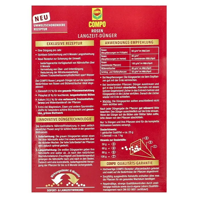 Compo Langzeitdünger Rosen - 850 g - Nahaufnahme der COMPO Rosen Langzeit-Dünger-Verpackung mit Informationen zu Anwendung und Dosierung.