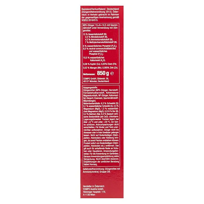 Compo Langzeitdünger Rosen850 g - Abbildung des Etiketts von COMPO-Dünger 15+8+10,5 mit Spurennährstoffen, einem hochwertigen Düngemittel für gesundes Pflanzenwachstum und reiche Ernte.