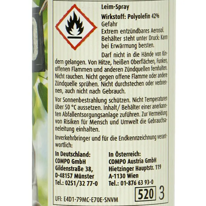 Compo Ameisen-Mittel Leimspray400 ml - Dose Leimspray mit Warnhinweisen und Kontaktdaten des Herstellers in Deutschland und Österreich.