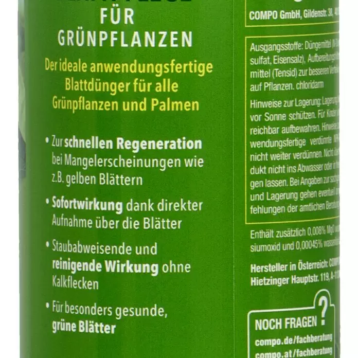 Compo Blattpflege - Geeignet für: Grünpflanzen, 500 ml - Grüne Flasche anwendungsfertiger Blattdünger für Grünpflanzen und Palmen, mit deutschem Text zu Vorteilen und Anwendung.