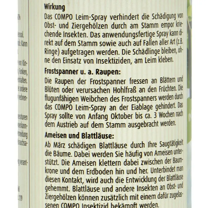 Compo Ameisen-Mittel Leimspray400 ml - Nahaufnahme der Produktinformationen von COMPO Leim-Spray, das Obst- und Ziergehölze vor Schädlingen schützt.