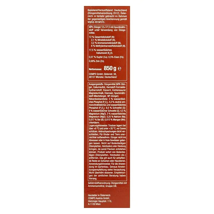 Compo Langzeitdünger Tomaten - 850 g - Abbildung des COMPO Düngemittel-Etiketts mit Informationen zu Inhaltsstoffen, Anwendung und Sicherheitshinweisen.