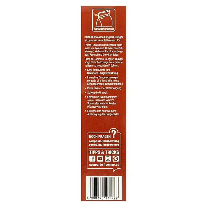 Compo Langzeitdünger Tomaten - 850 g - COMPO Tomaten Langzeit-Dünger Produktverpackung, mit Informationen zu Vorteilen, Anwendung und Kontakt für Fragen.
