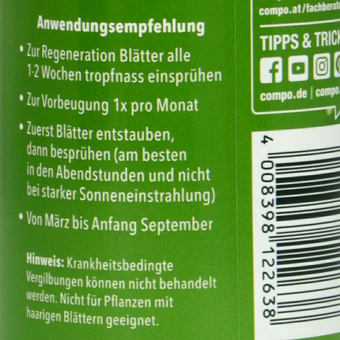 Compo Blattpflege - Geeignet für: Grünpflanzen, 500 ml - Informationen zur korrekten Anwendung des Produkts, einschliesslich Anweisungen zur Regeneration und Vorbeugung.