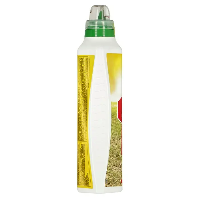 Compo Rasendünger Unkraut & Moos Nein Danke1,3 l - Flasche mit Gartendünger. Die Flasche ist weiß mit gelben und grünen Akzenten und hat einen grünen Deckel mit transparentem Ausgießer.