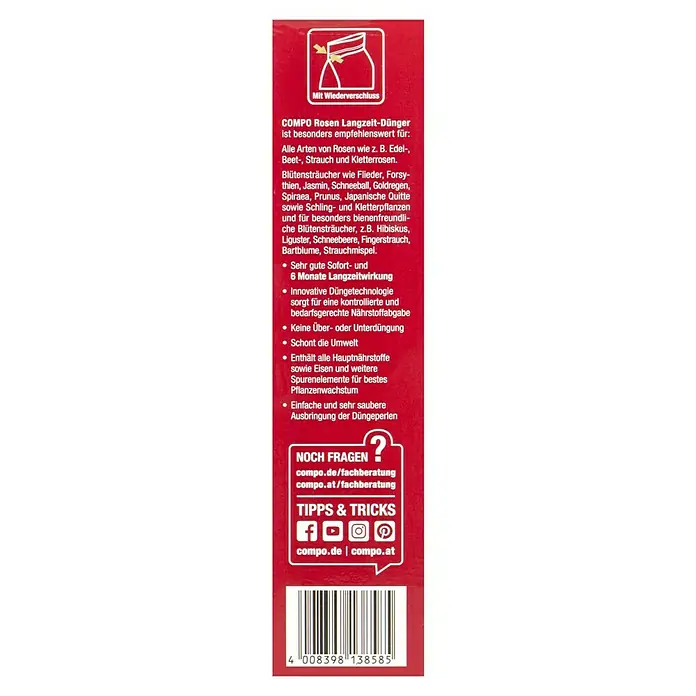 Compo Langzeitdünger Rosen850 g - COMPO Rosen Langzeit-Dünger zur optimalen Nährstoffversorgung von Rosen und blühenden Sträuchern für ein gesundes Pflanzenwachstum.