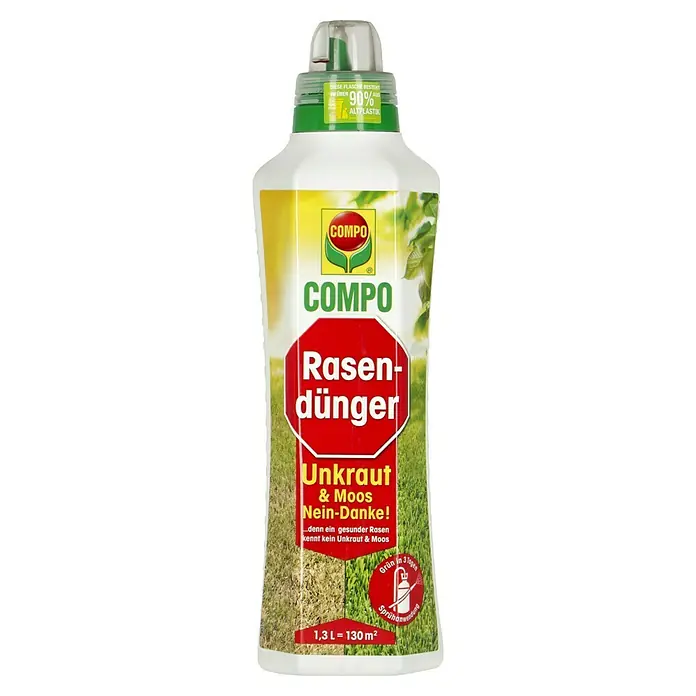 Compo Rasendünger Unkraut & Moos Nein Danke - 1,3 l - COMPO Rasendünger mit Unkraut- und Moosvernichter in einer Flasche aus 90% Altplastik.