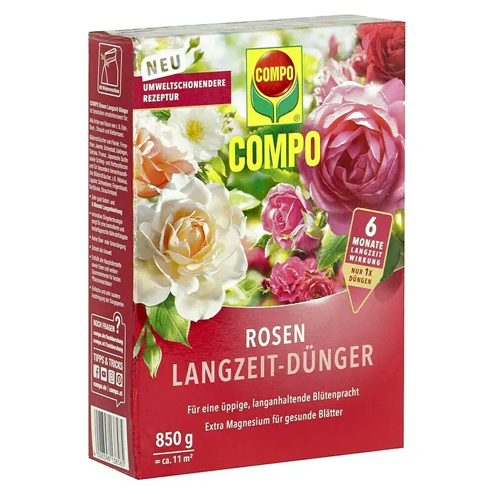 Compo Langzeitdünger Rosen850 g - Abbildung einer Packung COMPO Rosen Langzeit-Dünger, ein Langzeitdünger für Rosen mit Extra Magnesium für gesunde Blätter.