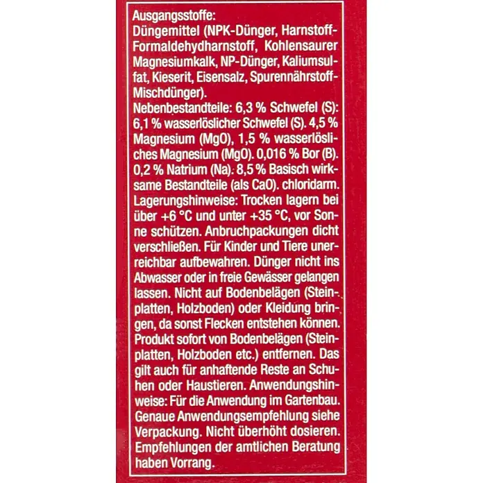 Compo Langzeitdünger Rosen850 g - Abbildung des Etiketts eines Düngemittels mit Informationen zu Inhaltsstoffen, Anwendung und Lagerung.