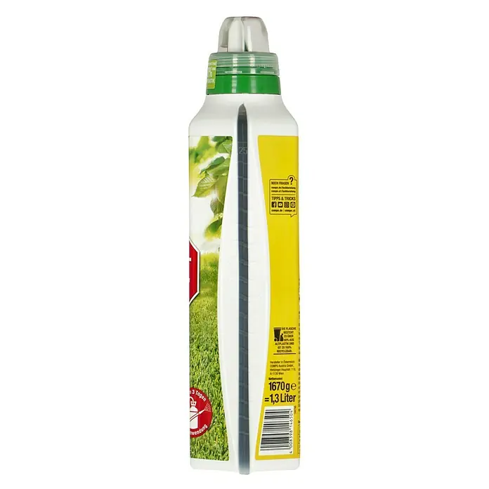 Compo Rasendünger Unkraut & Moos Nein Danke1,3 l - Eine Nahaufnahme einer COMPO-Rasendüngerflasche, die Details wie Gewicht und Recyclingfähigkeit hervorhebt.