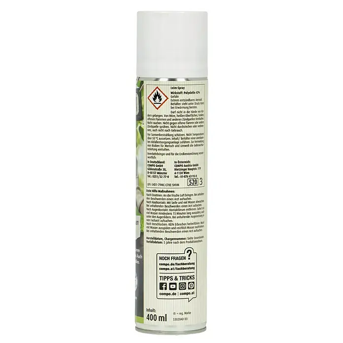 Compo Ameisen-Mittel Leimspray - 400 ml - Nahaufnahme der Rückseite einer COMPO Leim-Spraydose, die wichtige Produktinformationen und Warnhinweise zeigt.