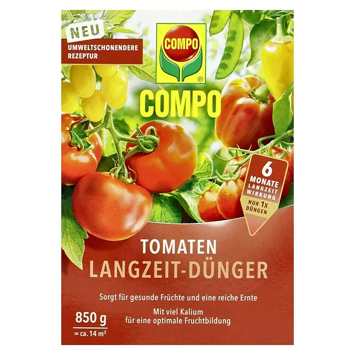 Compo Langzeitdünger Tomaten - 850 g - COMPO Tomaten Langzeit-Dünger Packung mit saftigen Tomaten. Fördert gesunde Früchte und eine reiche Ernte für eine optimale Fruchtbildung.