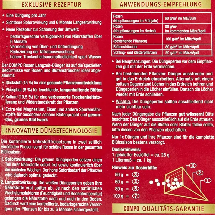 Compo Langzeitdünger Rosen850 g - Anwendungsanleitung für COMPO Rosen Langzeit-Dünger mit Dosierhinweisen für eine einfache und effektive Anwendung.