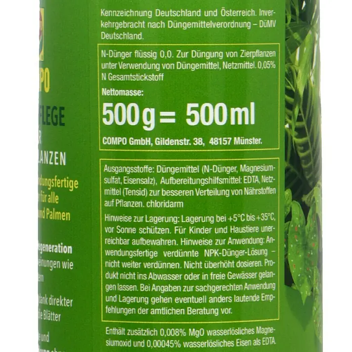 Compo Blattpflege - Geeignet für: Grünpflanzen, 500 ml - Nahaufnahme der Produktinformationen von COMPO Flüssigdünger, die Inhaltsstoffe und Anwendungshinweise hervorheben.