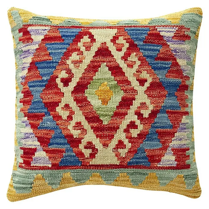 Funda protectora para cojines Kilim Herat - Multicolor, 45 x 45 cm - Funda de cojín cuadrada decorativa con un llamativo patrón geométrico de rombos en vibrantes tonos rojos, azules y amarillos, ideal para la decoración del hogar.