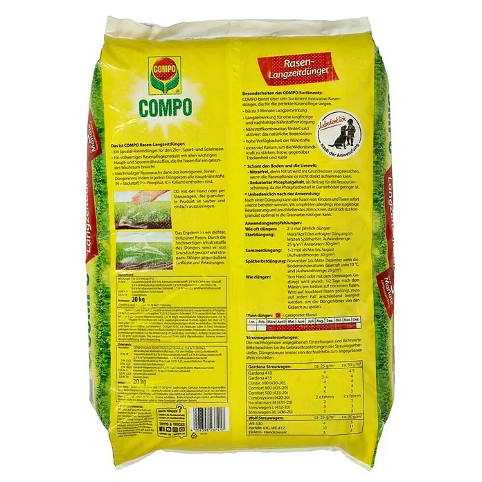 Compo Langzeit-Rasendünger20 kg - COMPO Rasen-Langzeitdünger: Spezial-Rasendünger für Zier-, Sport- und Spielrasen. Ein vollwertiges Rasenpflegeprodukt mit allen Nährstoffen.