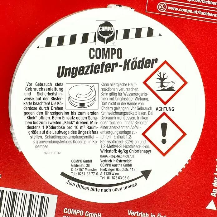 Compo Ungeziefer-Köderbox - 2 Stk. - Weiße runde COMPO Ungeziefer-Köderstation mit deutscher Beschriftung und Sicherheitshinweisen.