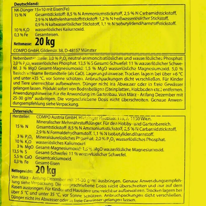 Compo Langzeit-Rasendünger20 kg - Bild des Etiketts von COMPO NK-Dünger 15+10 mit Eisen (Fe), 20 kg, mit Nährstoffangaben und Anwendungshinweisen für Deutschland und Österreich.