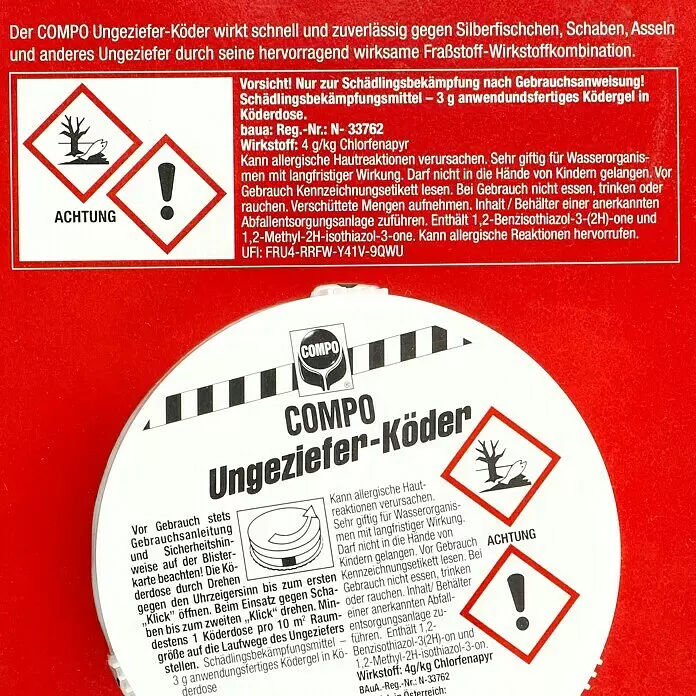 Compo Ungeziefer-Köderbox - 2 Stk. - Der COMPO Ungeziefer-Köder in roter und weißer Verpackung mit Warnhinweisen und Gebrauchsanleitung.