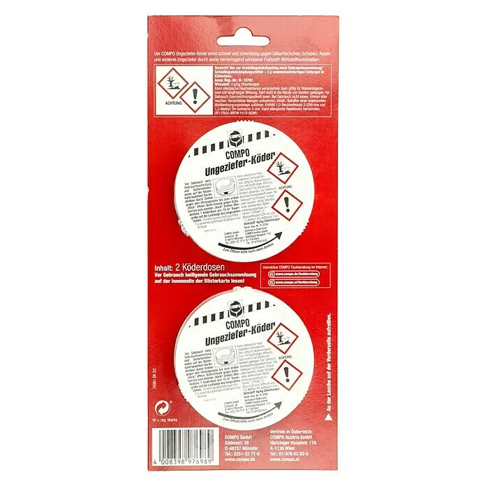 Compo Ungeziefer-Köderbox - 2 Stk. - Rote und weiße COMPO Ungeziefer-Köder Verpackung mit Produktinformationen und zwei Köderdosen.