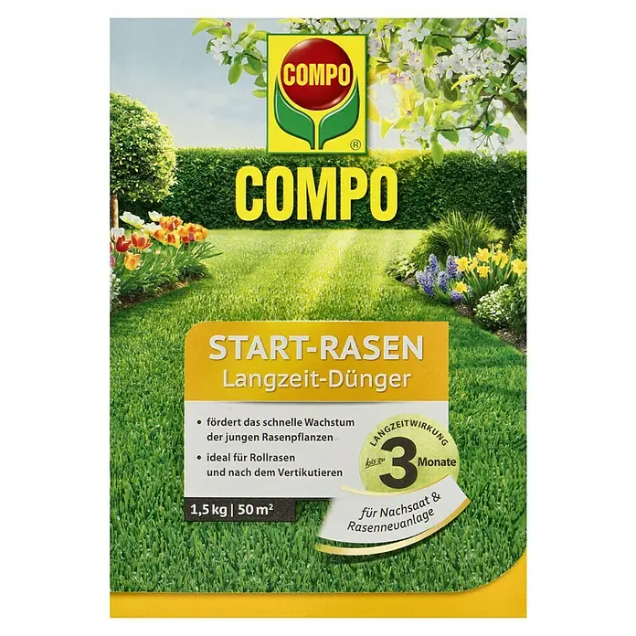 Compo Langzeitdünger Start-Rasen1,5 kg - COMPO Start-Rasen Langzeit-Dünger: Fördert schnelles Wachstum, ideal für Rollrasen und Nachsaat. Für einen vitalen, grünen Rasen.