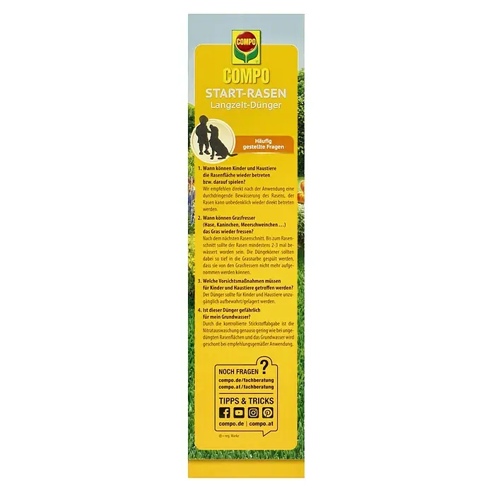 Compo Langzeitdünger Start-Rasen1,5 kg - Informationen zu COMPO Start-Rasen Langzeit-Dünger, inklusive Anwendungshinweise und Sicherheitshinweise für Kinder, Haustiere und Grundwasser.