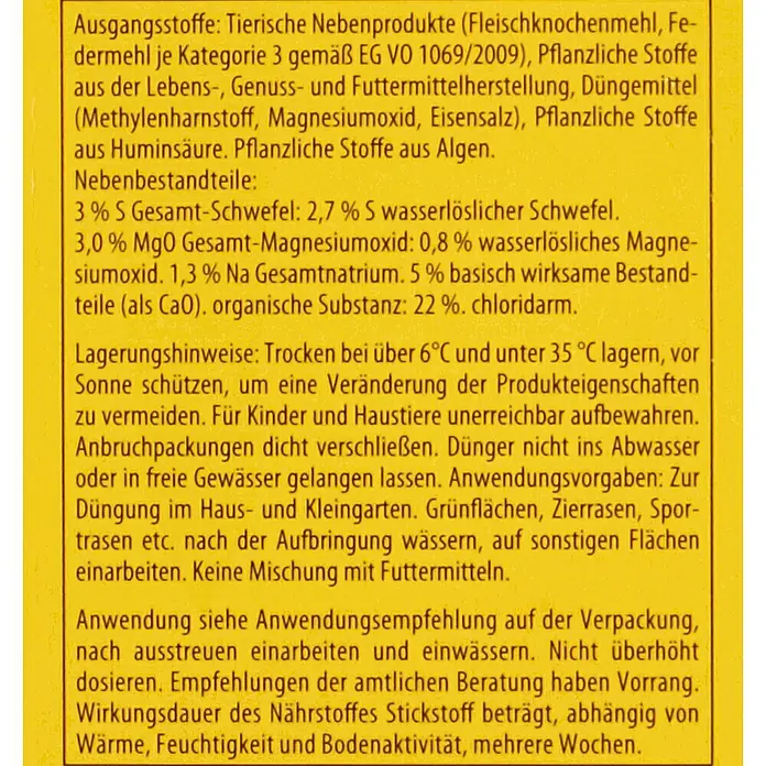 Compo Langzeitdünger Start-Rasen1,5 kg - Inhaltsstoffliste eines Düngemittels.
