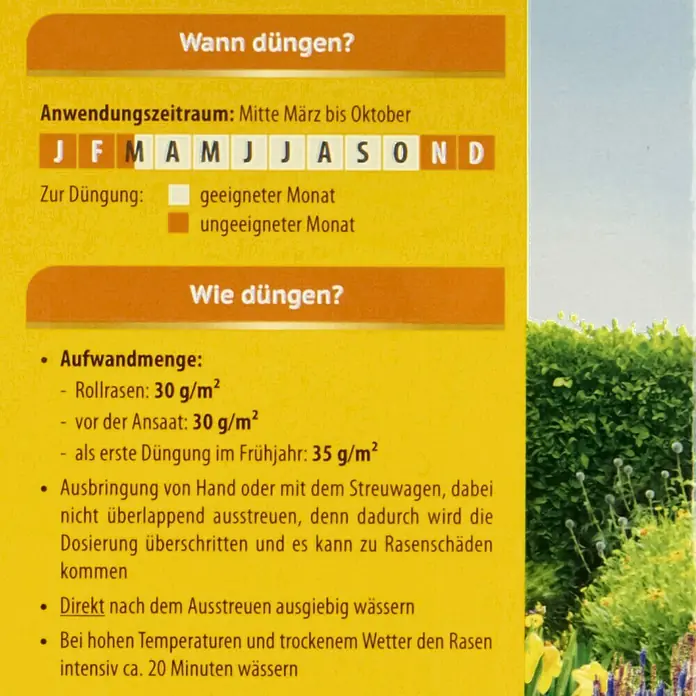Compo Langzeitdünger Start-Rasen1,5 kg - Düngehinweise: Wann und wie düngen? Informationen zur Düngung von Rollrasen und Ansaat, Aufwandmenge und Anwendungstipps.