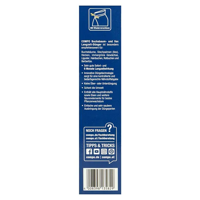 Compo Langzeitdünger Buchsbaum & Ilex - 850 g - COMPO Buchsbaum- und Ilex Langzeit-Dünger: Mit Wiederverschluss, Tipps & Tricks und Barcode für einfache Anwendung und beste Ergebnisse.