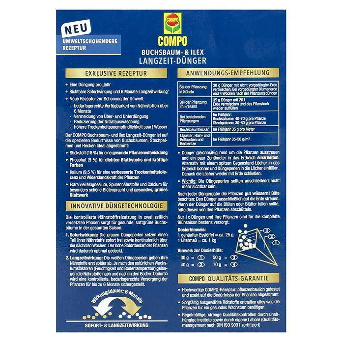 Compo Langzeitdünger Buchsbaum & Ilex - 850 g - COMPO Buchsbaum- & Ilex Langzeit-Dünger: Exklusive Rezeptur für Buchsbaum, Stechpalmen und Hecken. Sichtbare Sofortwirkung und 6 Monate Langzeitwirkung.