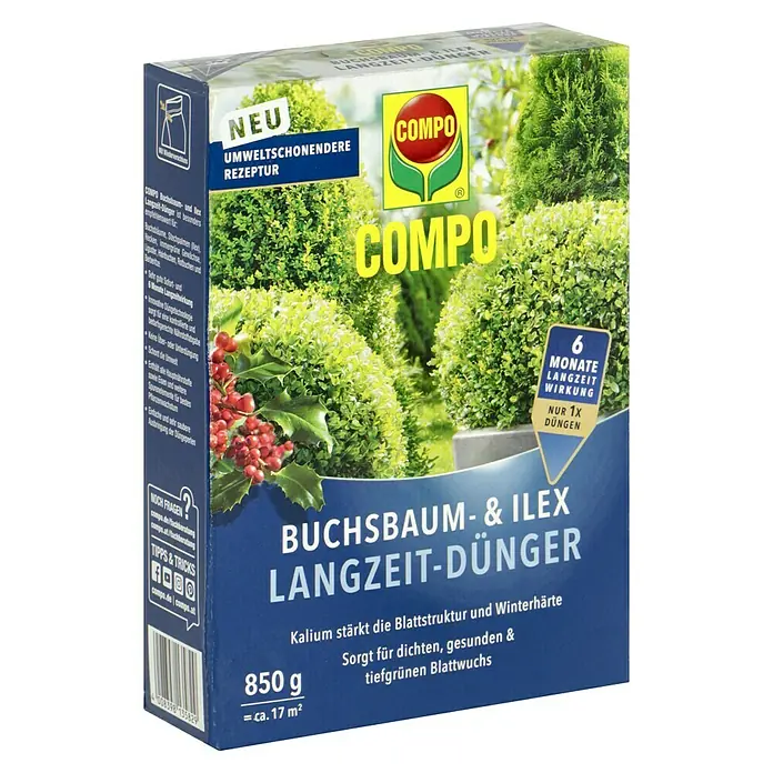 Compo Langzeitdünger Buchsbaum & Ilex - 850 g - COMPO Buchsbaum- und Ilex Langzeit-Dünger für Buchsbaum und Stechpalmen, sorgt für dichten, gesunden und tiefgrünen Blattwuchs.