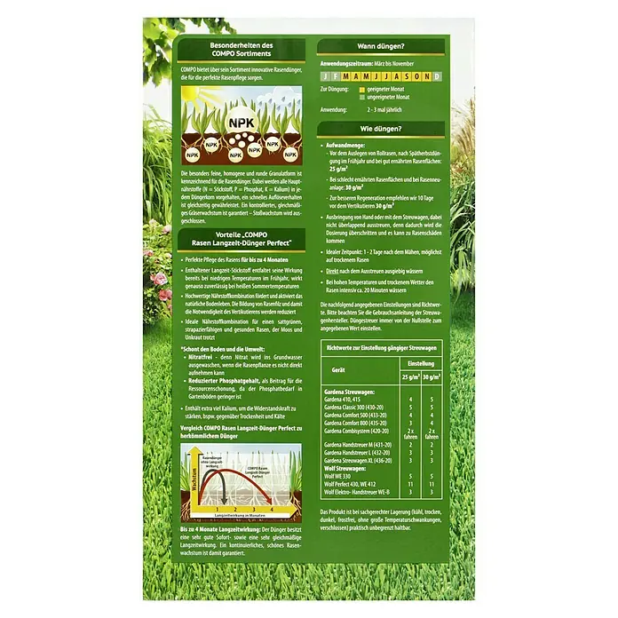 Compo Langzeit-Rasendünger3 kg - COMPO Rasen Langzeit-Dünger Perfect: Innovative Rasendünger für die perfekte Rasenpflege. Langanhaltende Wirkung für einen gesunden, grünen Rasen.