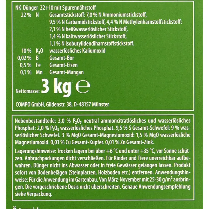 Compo Langzeit-Rasendünger3 kg - Detailansicht der Nährwertangaben und Anwendungshinweise des COMPO-Düngers, 3 kg Packung.