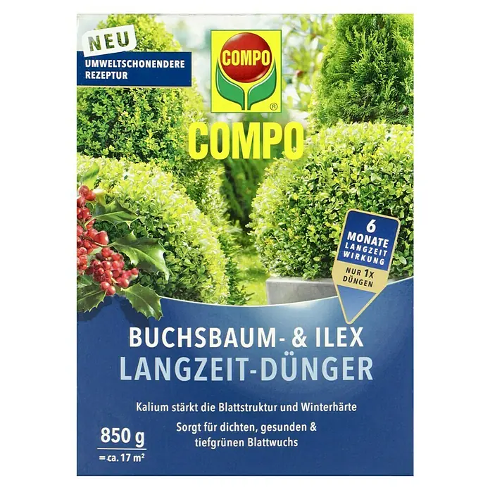 Compo Langzeitdünger Buchsbaum & Ilex - 850 g - COMPO Buchsbaum- & Ilex Langzeit-Dünger: Für dichten, gesunden & tiefgrünen Blattwuchs, stärkt die Blattstruktur und Winterhärte.