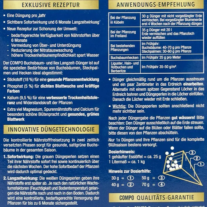 Compo Langzeitdünger Buchsbaum & Ilex - 850 g - Produktbild mit Anweisungen und Dosierungshinweisen für COMPO Buchsbaum- und Ilex Langzeit-Dünger.
