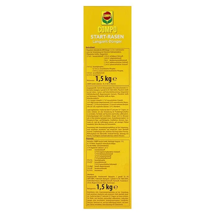 Compo Langzeitdünger Start-Rasen1,5 kg - COMPO Start-Rasen Langzeit-Dünger: Organisch-mineralischer NPK-Dünger für einen vitalen Rasen, der ein gesundes Wachstum und eine dichte Grasnarbe fördert.