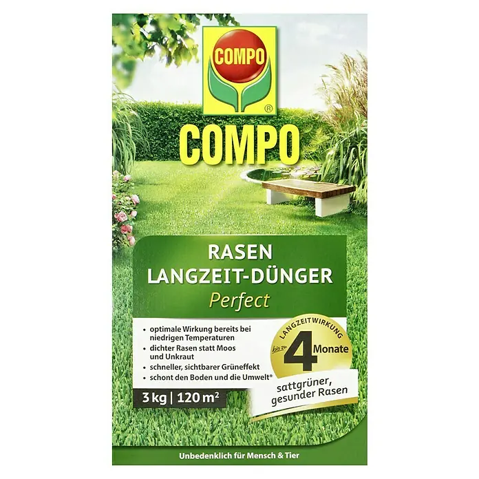 Compo Langzeit-Rasendünger3 kg - Das Bild zeigt eine Packung COMPO Rasen Langzeit-Dünger Perfect, ein Produkt für einen sattgrünen und gesunden Rasen über 4 Monate.