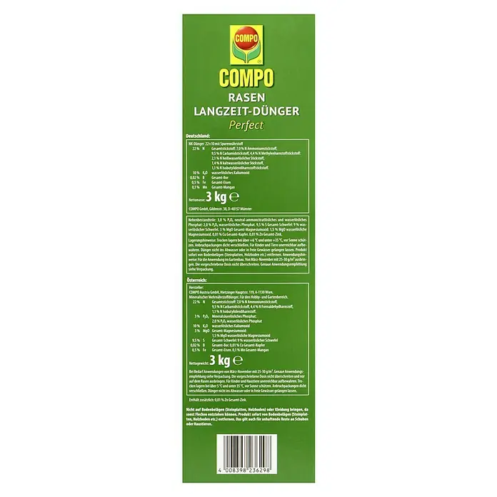 Compo Langzeit-Rasendünger3 kg - COMPO Rasen Langzeit-Dünger Perfect: Ein hochwertiger Rasendünger für einen gesunden, grünen Rasen über lange Zeit.