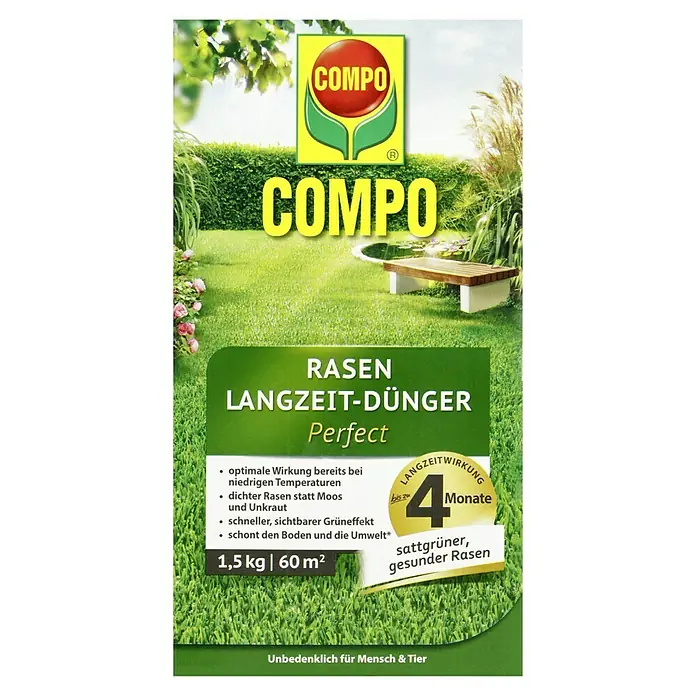 Compo Rasendünger - 1,5 kg - Bild der COMPO Rasen Langzeit-Dünger Perfect Packung mit Infos zu Vorteilen und Reichweite.