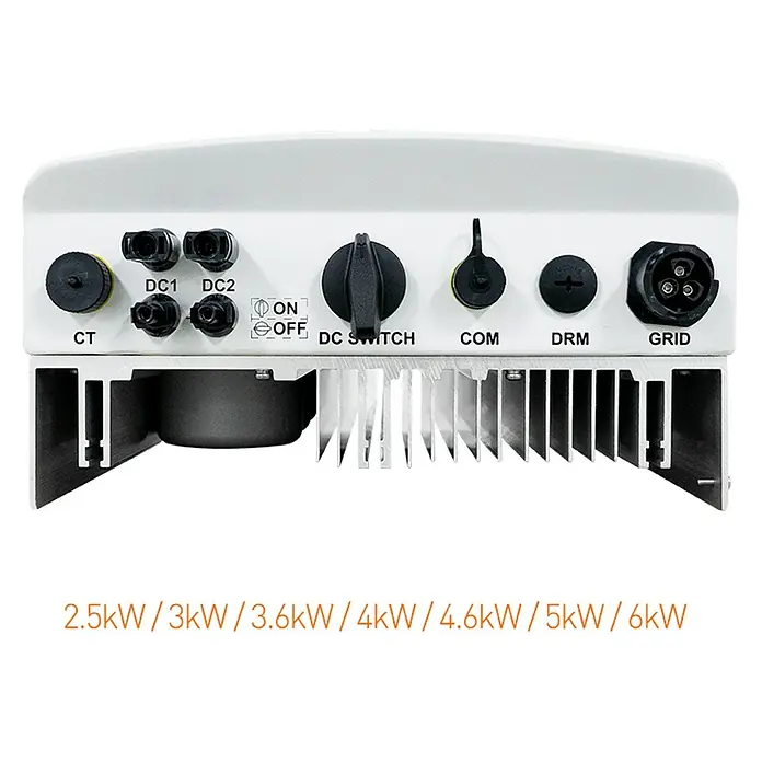 Inversor de red S5-GR1P - 5 kW, L x An x Al: 16 x 54,3 x 31 cm - Vista detallada de la parte posterior de un inversor solar, que muestra puertos para CT, DC, COM, DRM y Grid.