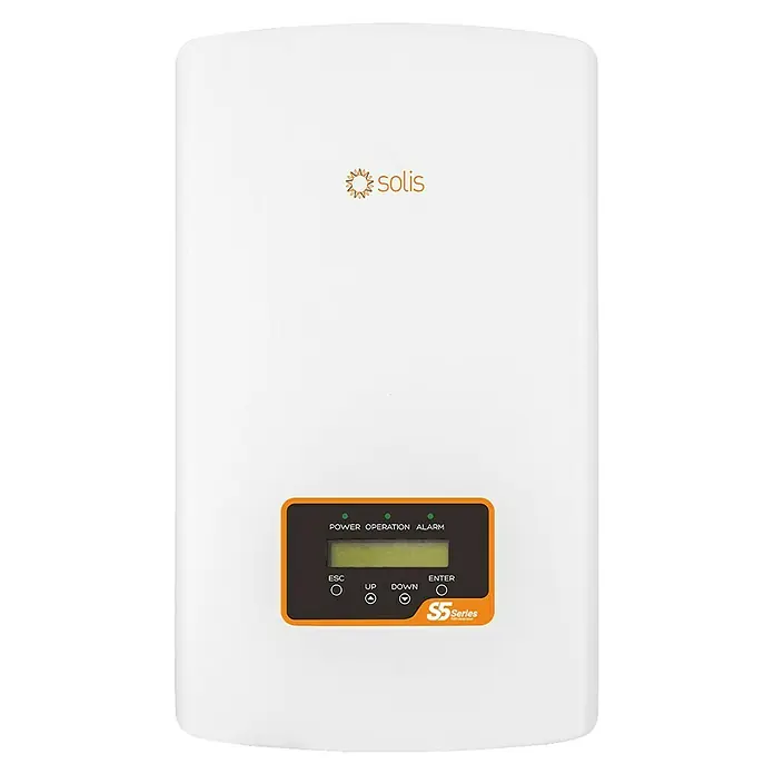 Inversor de red S5-GR1P - 5 kW, L x An x Al: 16 x 54,3 x 31 cm - Primer plano de un inversor Solis S5, diseñado para sistemas de energía solar, que cuenta con una pantalla para monitorear el rendimiento.
