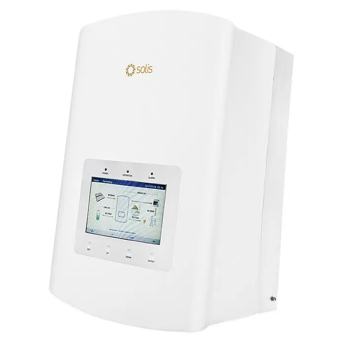 Inversor Híbrido Monofásico Solis - 6 kW, L x An x Al: 24,9 x 33,3 x 50,5 cm - Inversor Solis blanco con pantalla que muestra datos operativos. Ideal para la utilización eficiente de la energía solar.