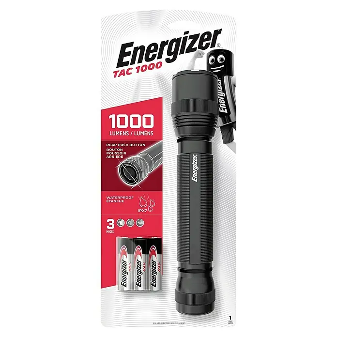 Energizer Linterna Tactical Ultra - 200 lm - 1.000 lm, IPX7 - Imagen de una linterna Energizer TAC 1000 negra, destacando su brillo y características impermeables.