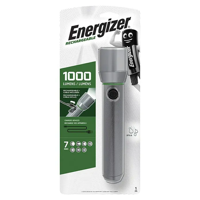 Energizer Linterna Visión - 250 lm - 1.000 lm, IPX4 - Embalaje del producto de la linterna recargable Energizer con 1000 lúmenes, que viene con un cable de carga y tiene 7 modos diferentes.