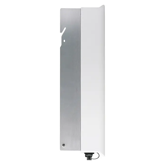 Inversor de red S5-GR1P - 5 kW, L x An x Al: 16 x 54,3 x 31 cm - Vista lateral de un inversor, con una placa metálica plateada a la izquierda y una caja blanca a la derecha.