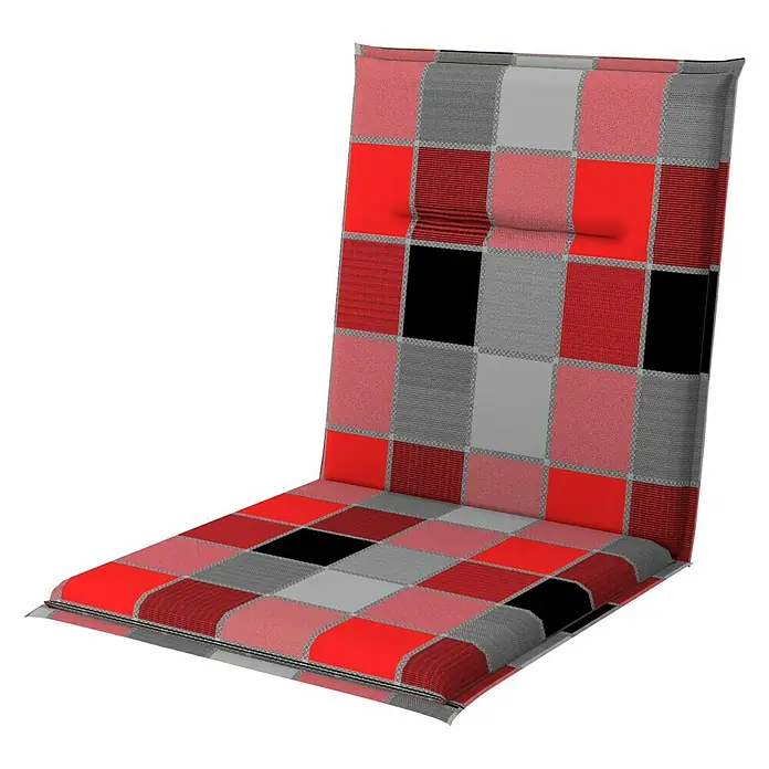 Doppler Gartenmöbel-Auflage Spot - Niederlehner, 100 x 48 x 5 cm, Baumwoll-Polyester-Mischgewebe, Schwarz/Rot Kariert - Hier ist ein gepolstertes Stuhlkissen mit einem rot-grauen Patchwork-Muster. Es hat eine hohe Rückenlehne und einen separaten Sitzbereich.