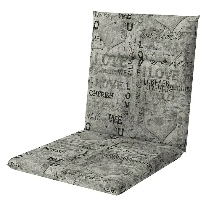 Doppler Gartenmöbel-Auflage Spot - Niederlehner, 100 x 48 x 5 cm, Baumwoll-Polyester-Mischgewebe, Herzen Grau - Ein grauer Stuhlkissenbezug mit romantischem Aufdruck mit Herzen und Schriftzügen für eine liebevolle Atmosphäre.