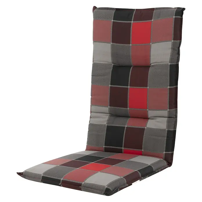 Doppler Gartenmöbel-Auflage Spot - Hochlehner, 118 x 48 x 5 cm, Baumwoll-Polyester-Mischgewebe, Schwarz/Rot Kariert - Gepolsterte Gartenstuhlauflage mit kariertem Muster in Rot-, Grau- und Schwarztönen für bequemes Sitzen im Freien.